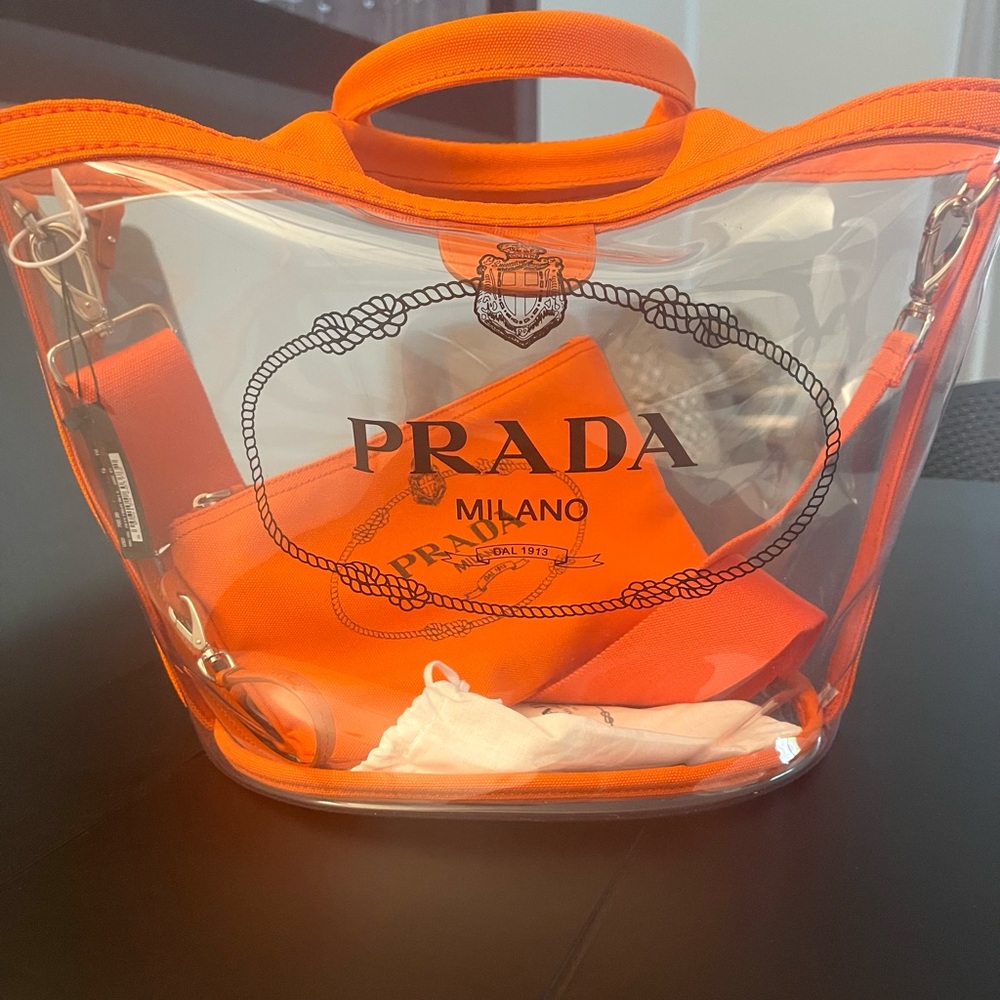 Authentic Prada orange Clear plastic beach tote